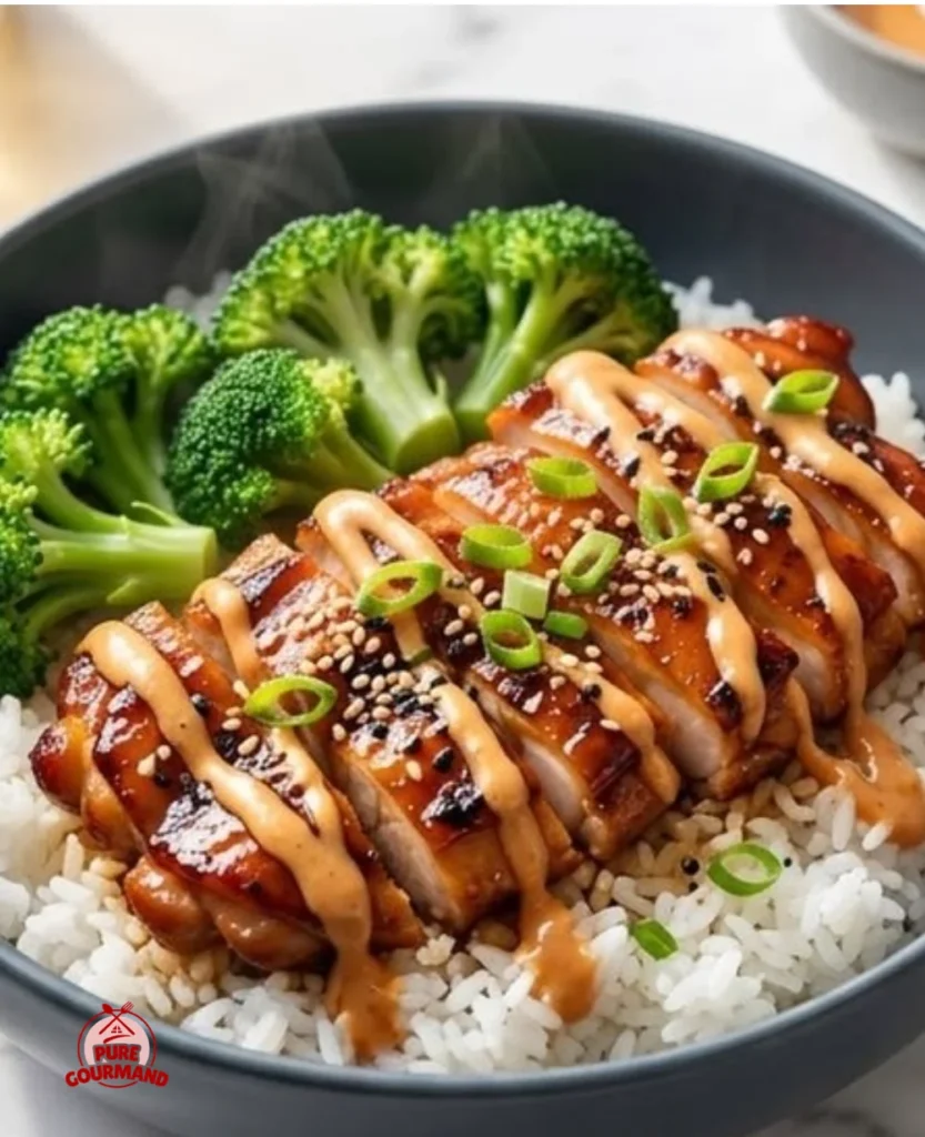 Sticky Saucy Chicken served over a bed of fluffy rice