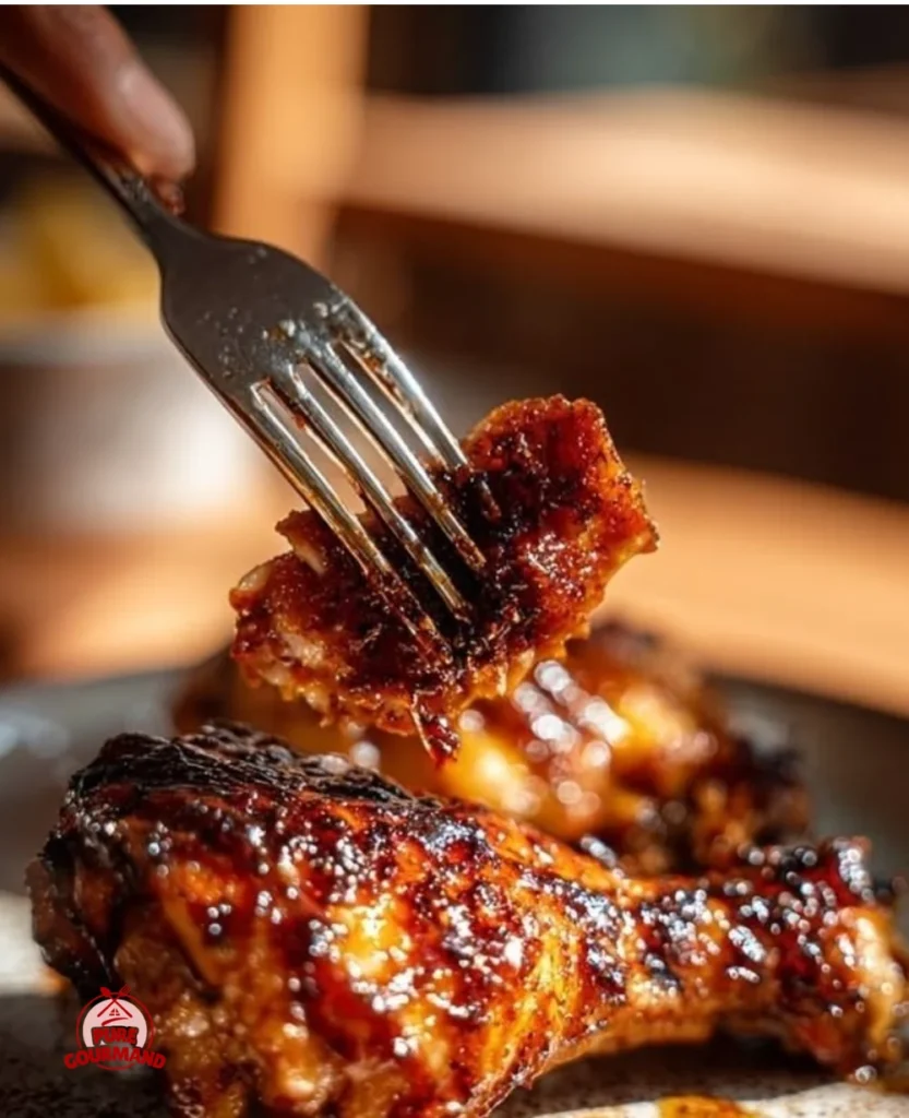 Delicious sticky sweet and smoky baked BBQ chicken drumsticks on a serving platter.