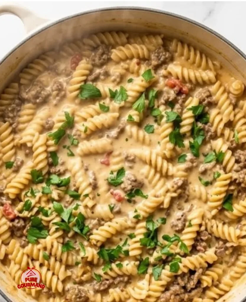 Delicious stovetop ground beef pasta served in a bowl with fresh herbs