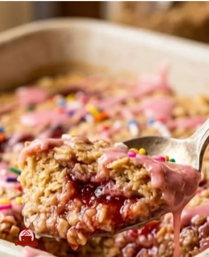 Strawberry Pop-Tart Baked Oats topped with fresh strawberries and icing