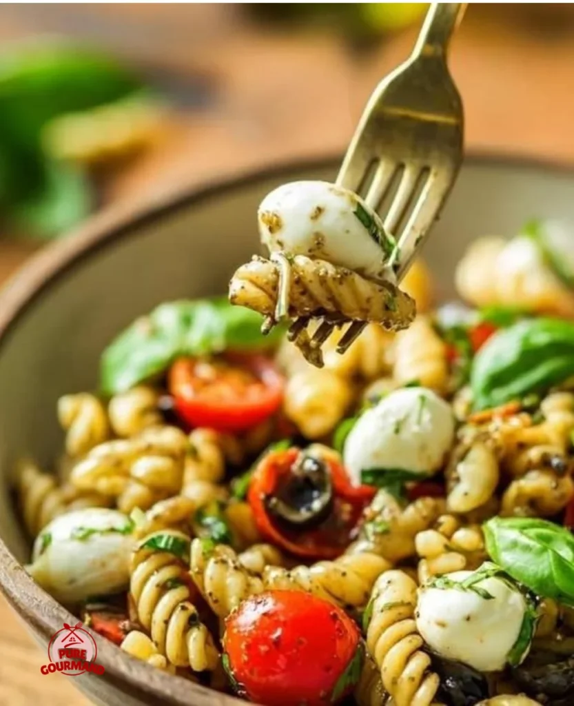 Colorful Sun-Kissed Italian Pasta Salad with fresh vegetables and dressing