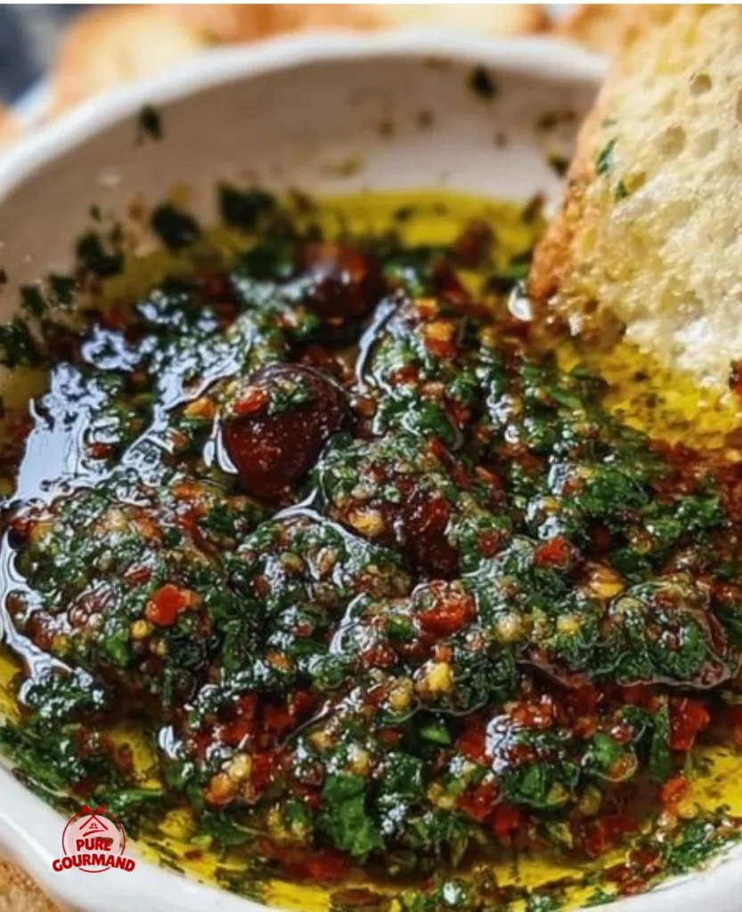 Plate of sun-kissed Mediterranean olive oil dip with herbs and spices