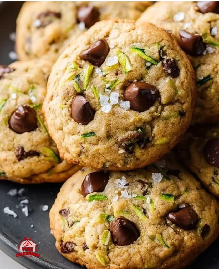 Delicious chocolate chip zucchini cookies on a wooden plate with a warm, cozy background.