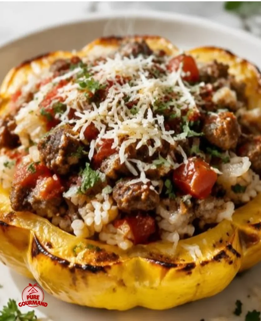 Sun-kissed stuffed patty pan squash dish on a plate, perfect for summer dinner.
