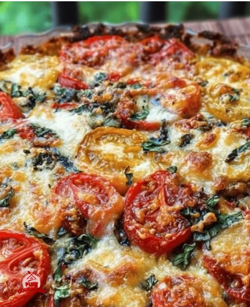 Delicious sun-kissed tomato and eggplant pie fresh from the oven.