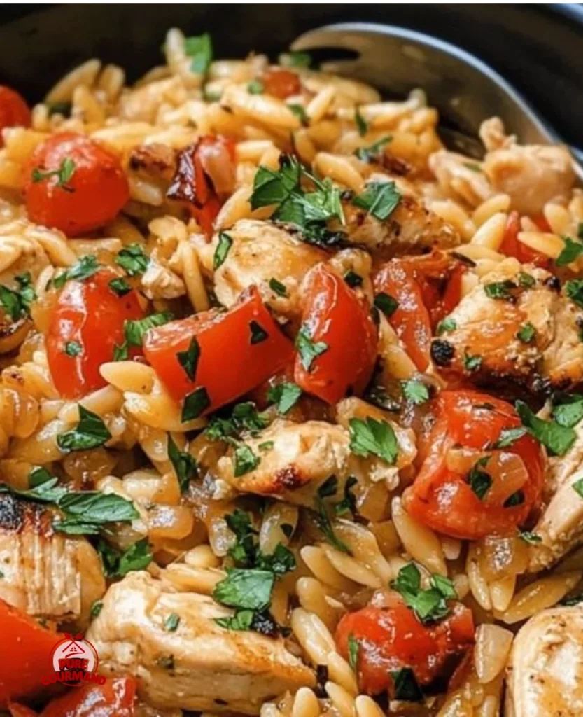 Plate of Mediterranean Chicken Orzo garnished with herbs and vegetables