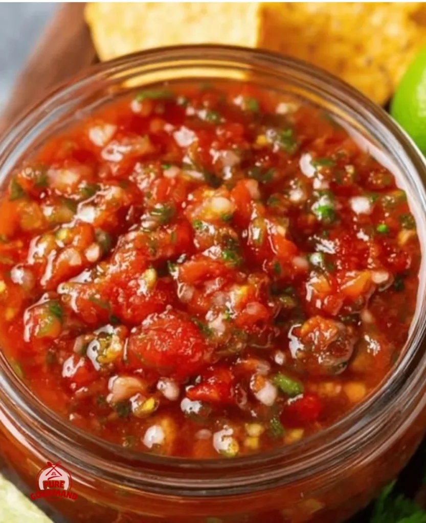 Bowl of vibrant homemade salsa garnished with fresh herbs and spices
