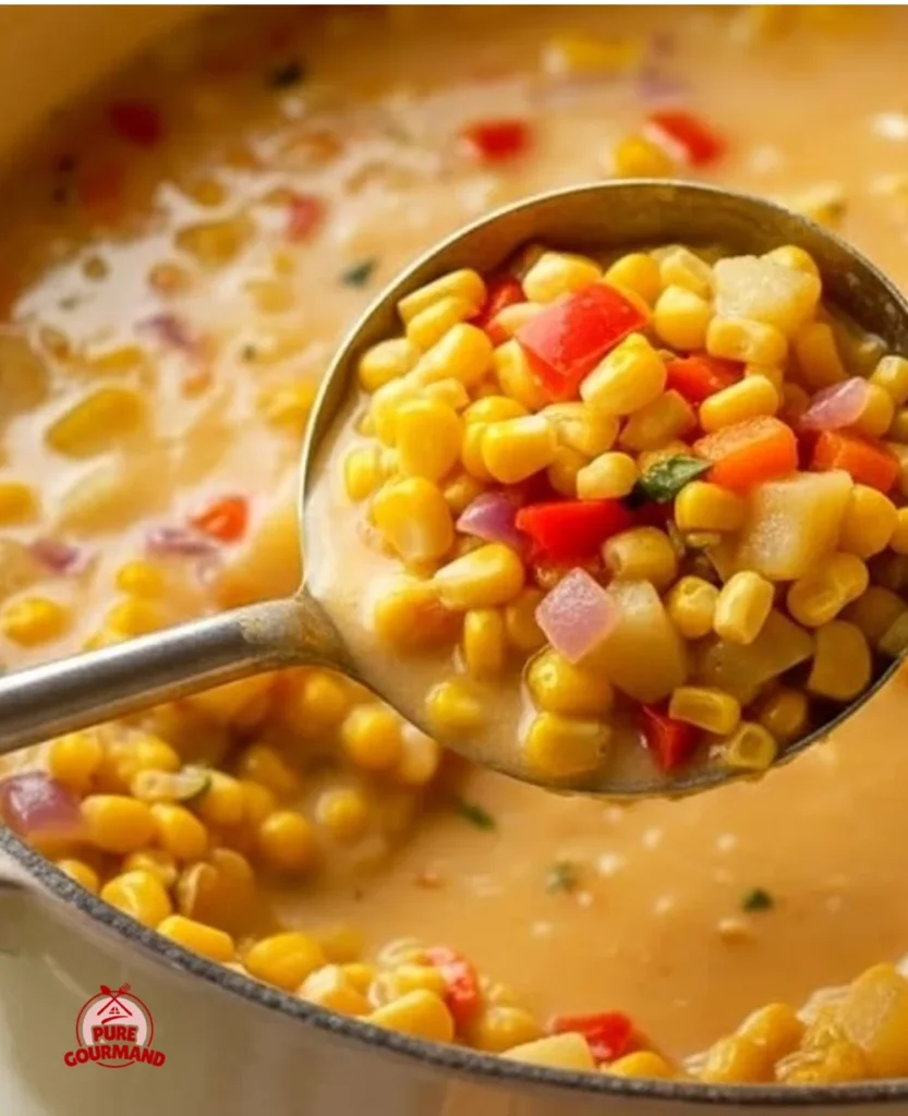 Bowl of creamy sweet corn and vegetable chowder topped with herbs