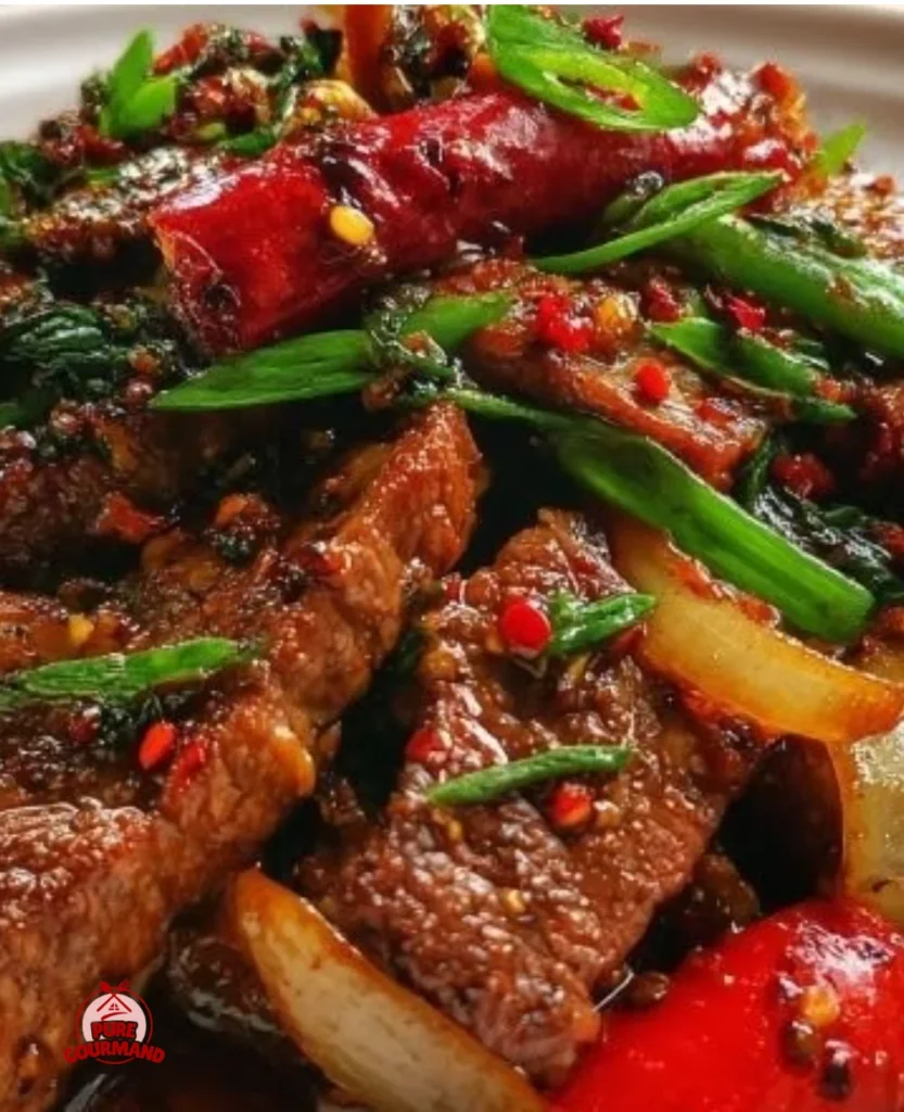 Delicious Szechuan Peppercorn Steak Stir-Fry served with vegetables on a plate.