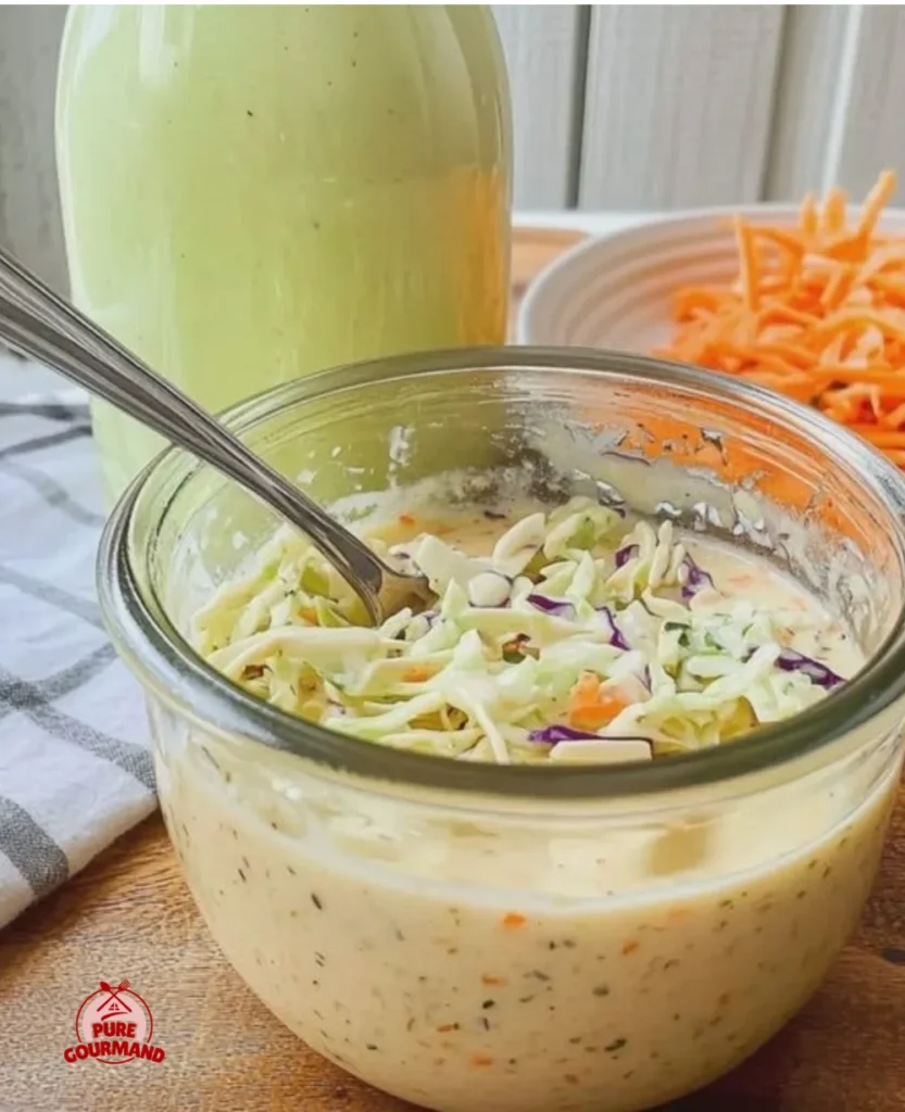 Tangy vinegar coleslaw dressing in a glass jar with fresh cabbage and carrots.