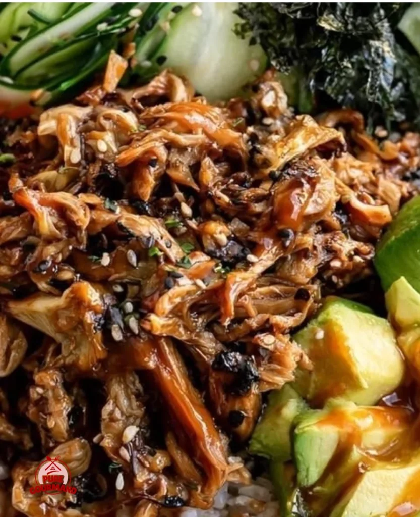Delicious teriyaki jackfruit sushi bowl topped with fresh ingredients.
