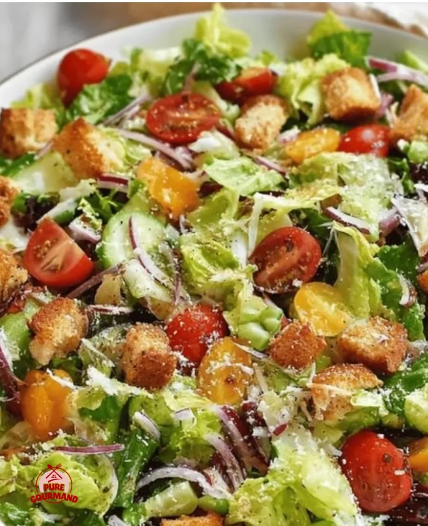 Colorful and fresh house salad with lettuce, tomatoes, cucumbers, and dressing.