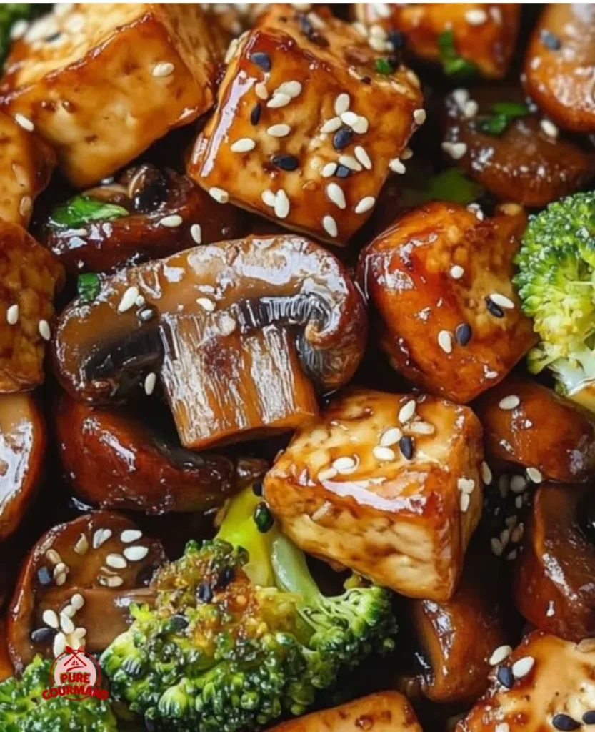 Delicious tofu mushroom stir-fry with colorful vegetables in a bowl