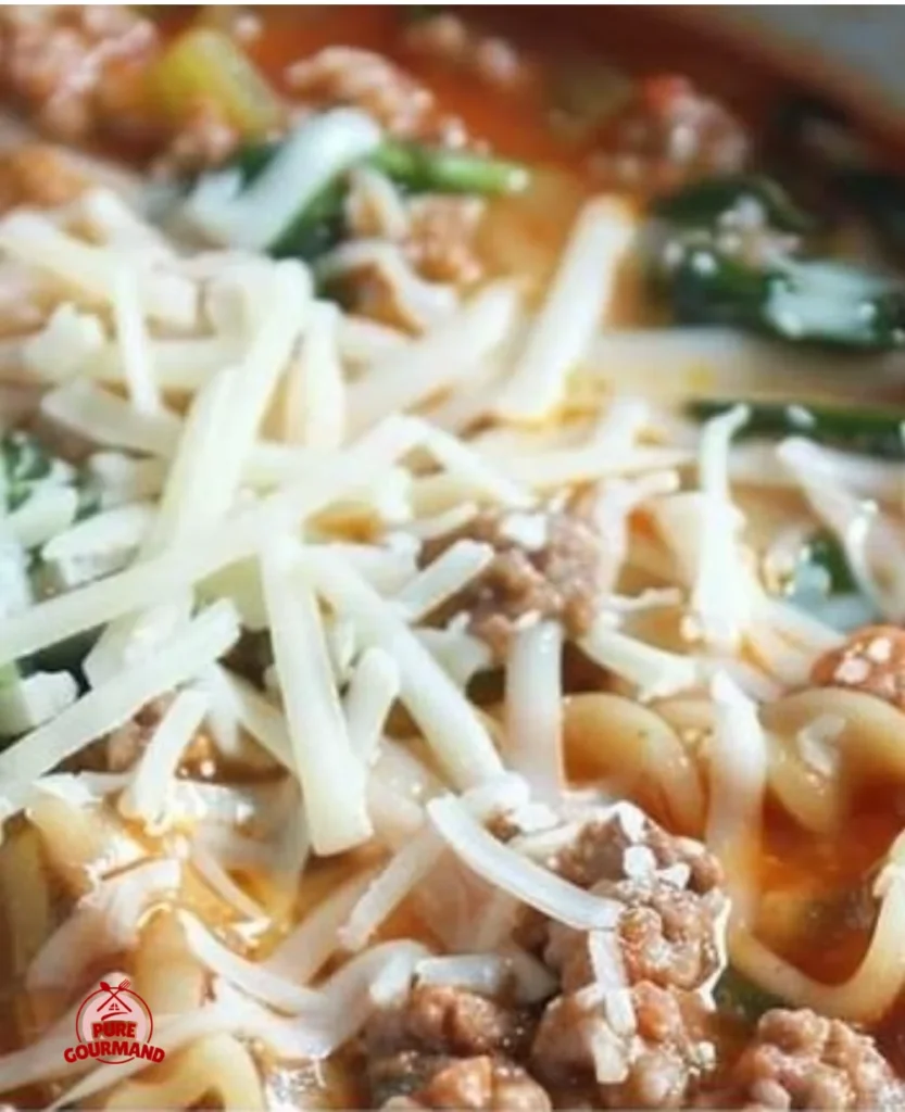 Bowl of Turkey Lasagna Soup with cheese and herbs