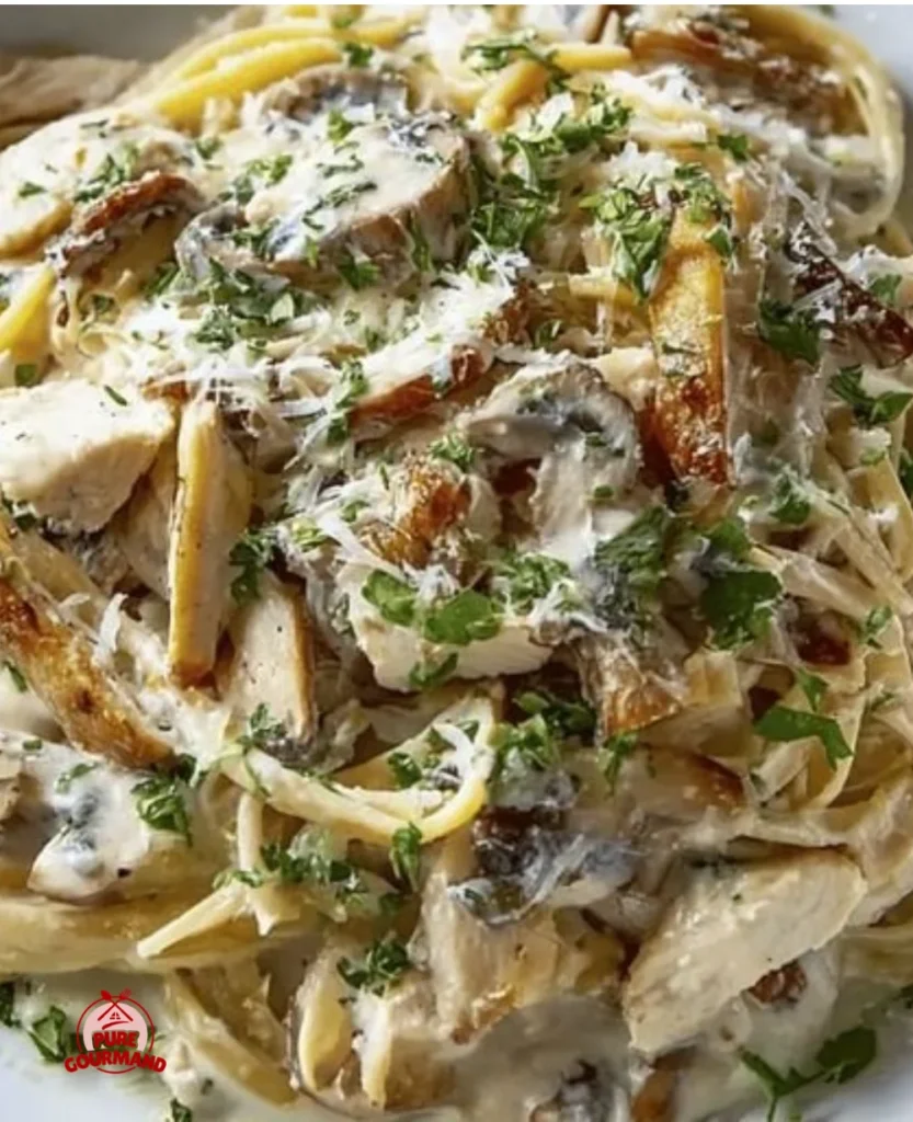 Creamy Turkey Tetrazzini dish with pasta and vegetables served in a casserole