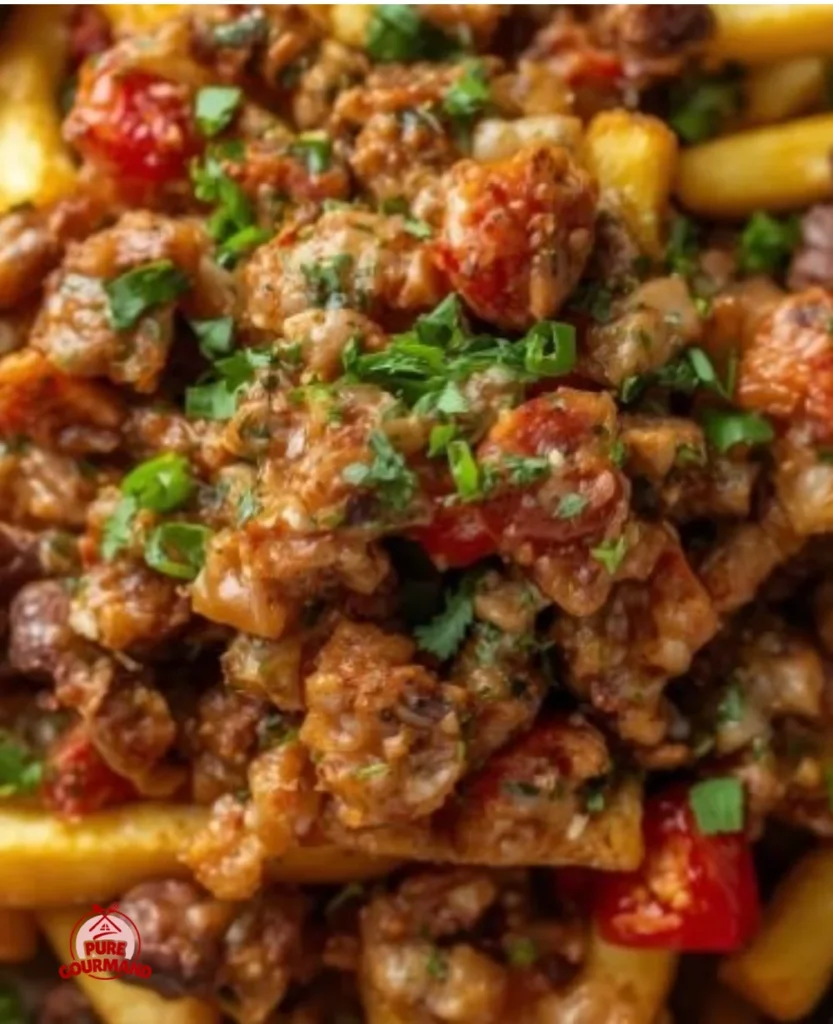 Ultimate easy loaded fries topped with cheese, bacon, and scallions.