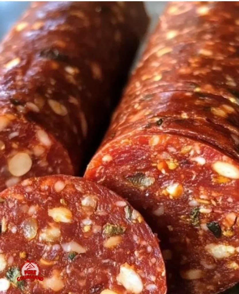 Sliced vegan salami on a wooden cutting board with fresh herbs