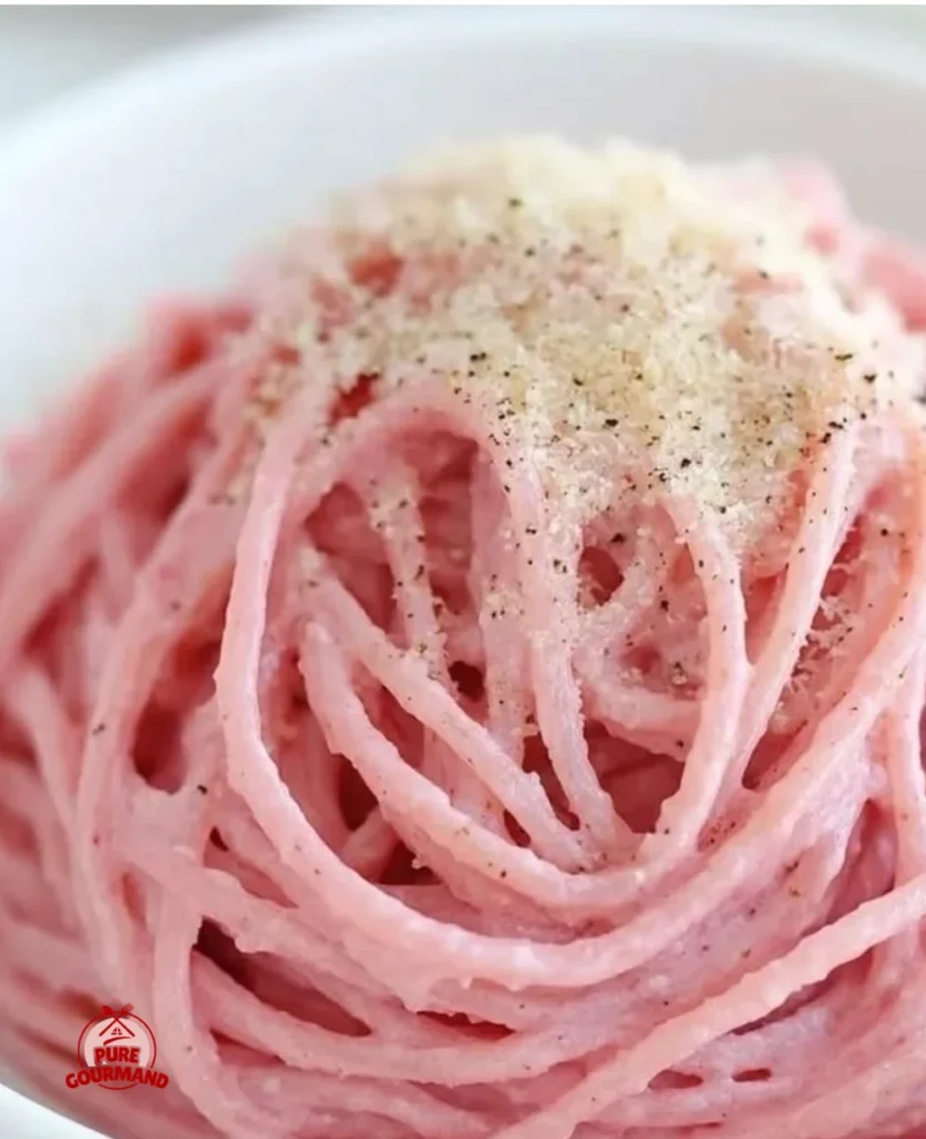 Delicious vegan pink pasta garnished with fresh herbs and served in a bowl.