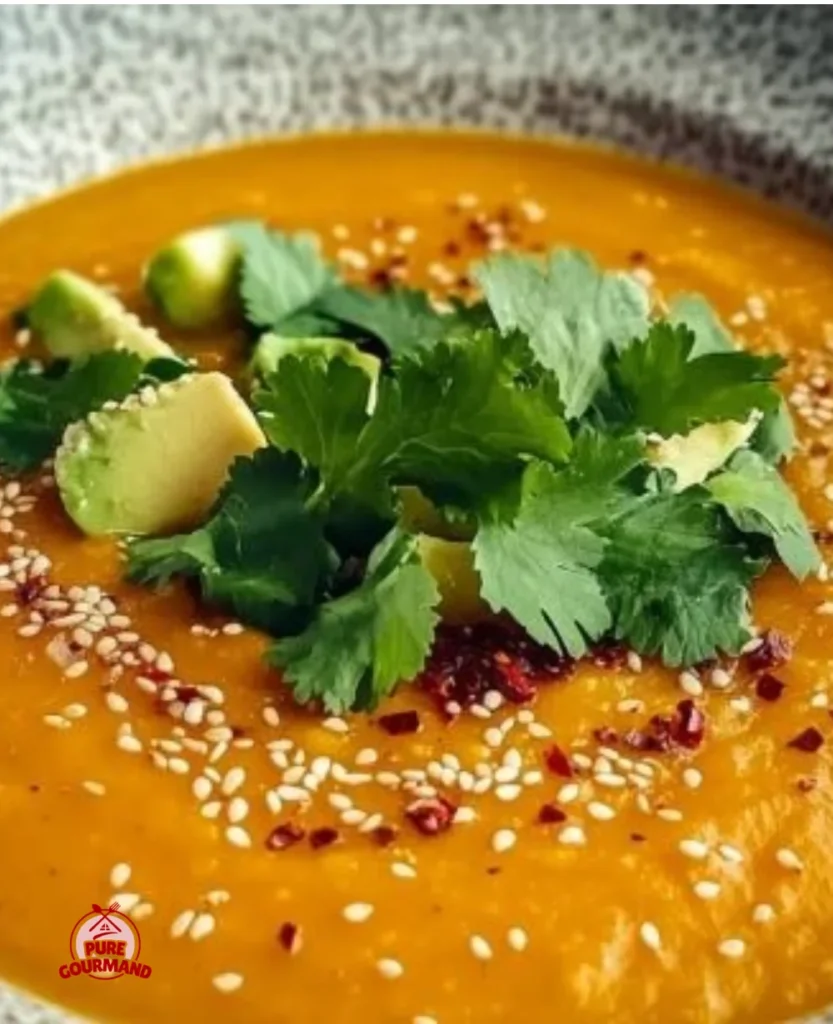 Bowl of sesame carrot soup garnished with sesame seeds and herbs