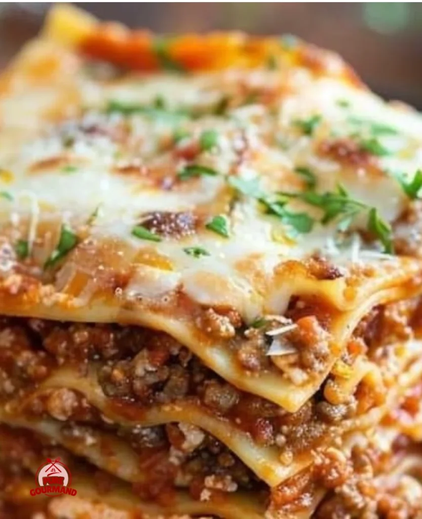 Delicious gluten free lasagna topped with cheese and herbs