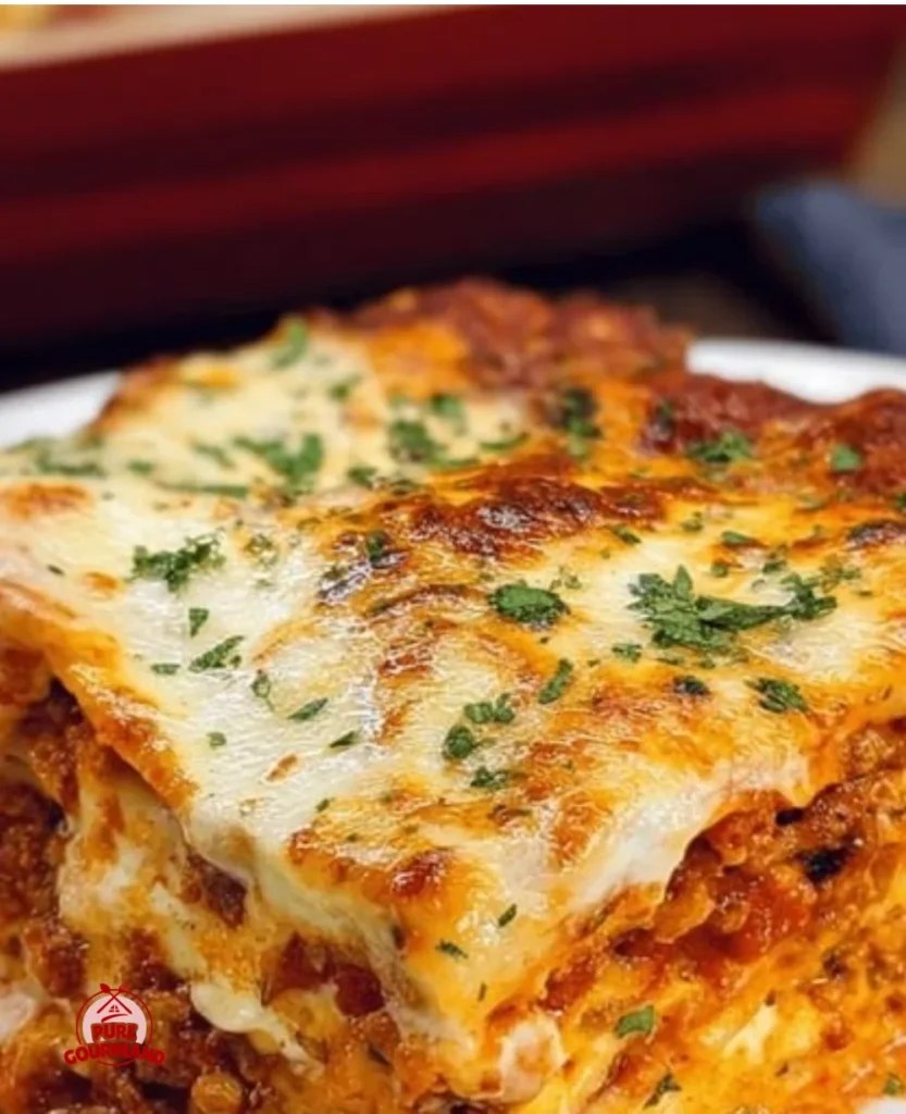 Delicious slice of the world's best lasagna with layers of cheese and meat sauce.