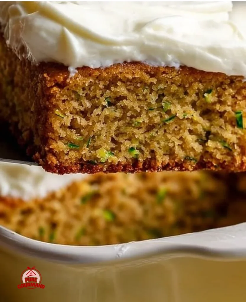 Delicious homemade zucchini cake topped with frosting on a plate