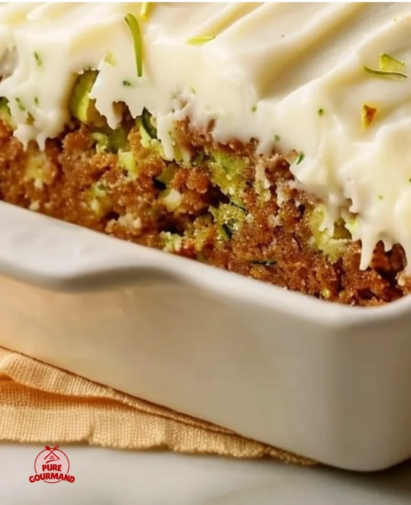 Delicious homemade zucchini cake topped with cream cheese frosting