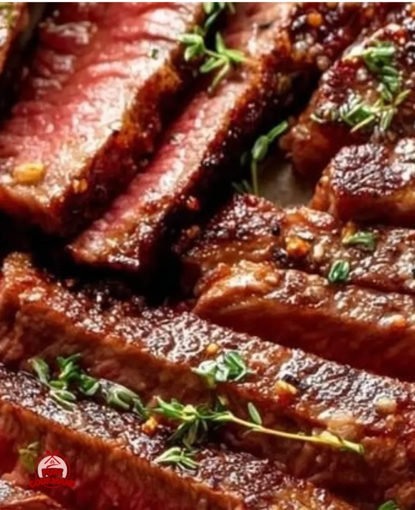 Perfectly cooked air fryer steak served on a plate with herbs