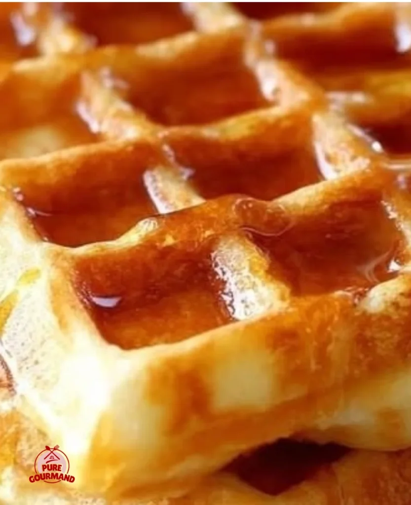 A freshly made basic waffle topped with syrup and berries