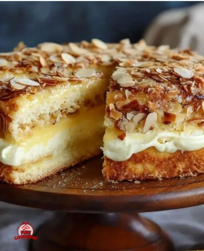 Bee Sting Cake, a delicious German dessert with honey and almond topping.