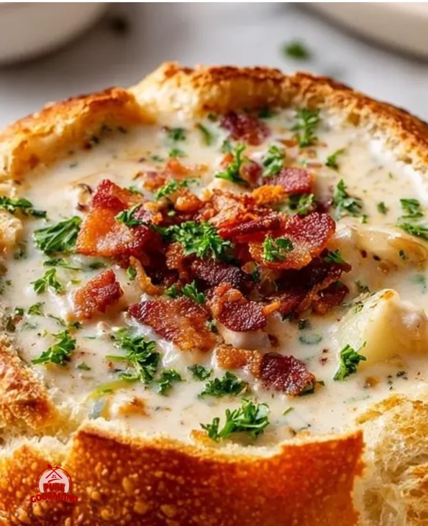 Delicious clam chowder served in a freshly baked bread bowl