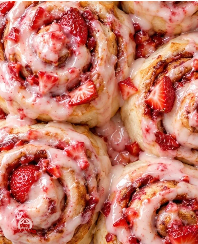 Deliciously homemade strawberry cinnamon rolls with fresh strawberries and icing.
