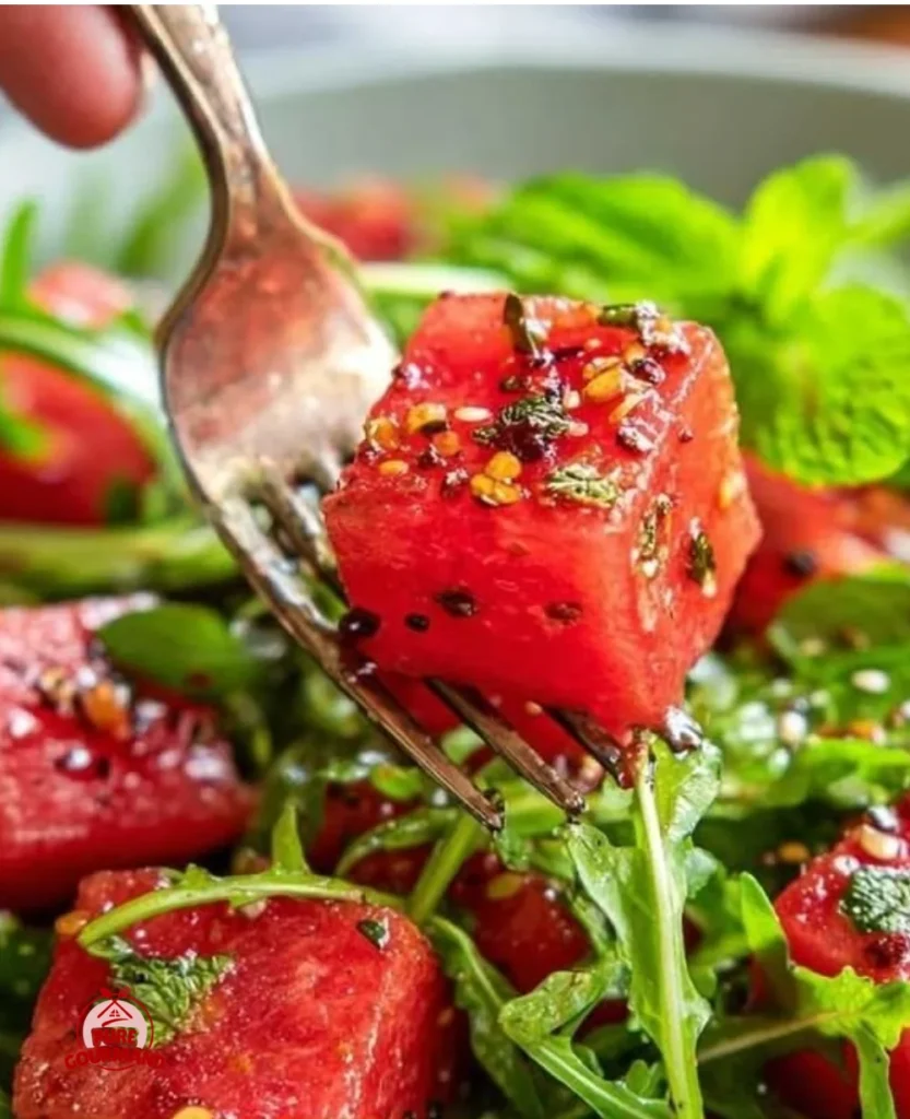 A vibrant watermelon arugula salad topped with feta cheese and balsamic dressing.