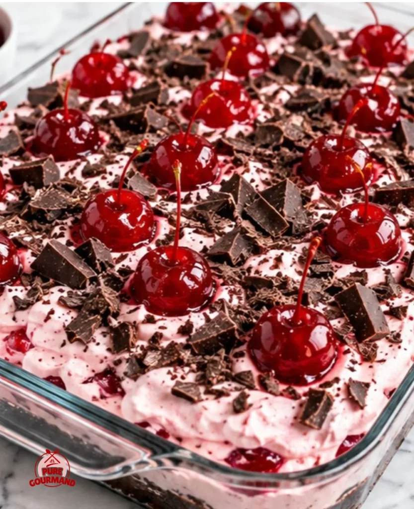 Bubbly Bold Cherry Chocolate Cake topped with cherries and chocolate drizzle