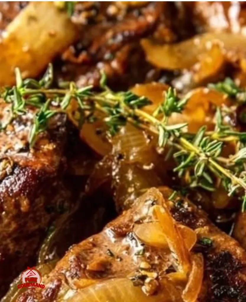 Butter-seared chicken livers with caramelized onions and thyme on a plate