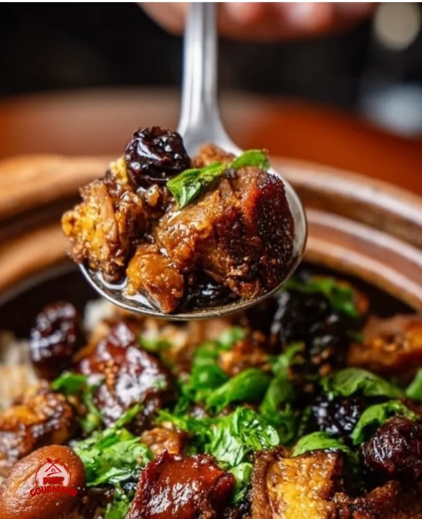 Delicious chestnut and pork rib clay pot rice dish served in a traditional clay pot.