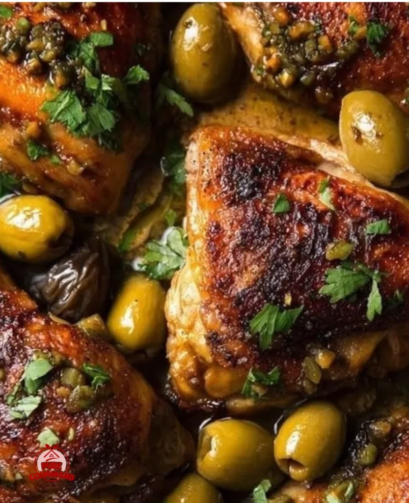Plate of Chicken Marbella with olives, prunes, and herbs garnished on a rustic table