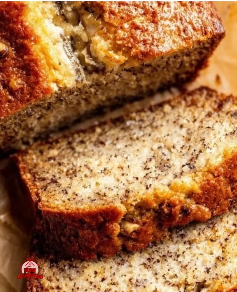 Sliced classic homemade banana bread on a wooden table with bananas in the background