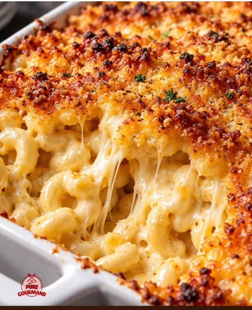 A delicious bowl of classic macaroni and cheese, topped with golden breadcrumbs.
