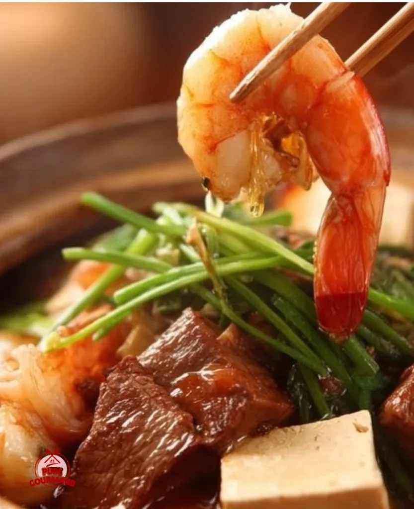 Clay pot filled with tofu, beef, and shrimp - a hearty one-pot wonder dish