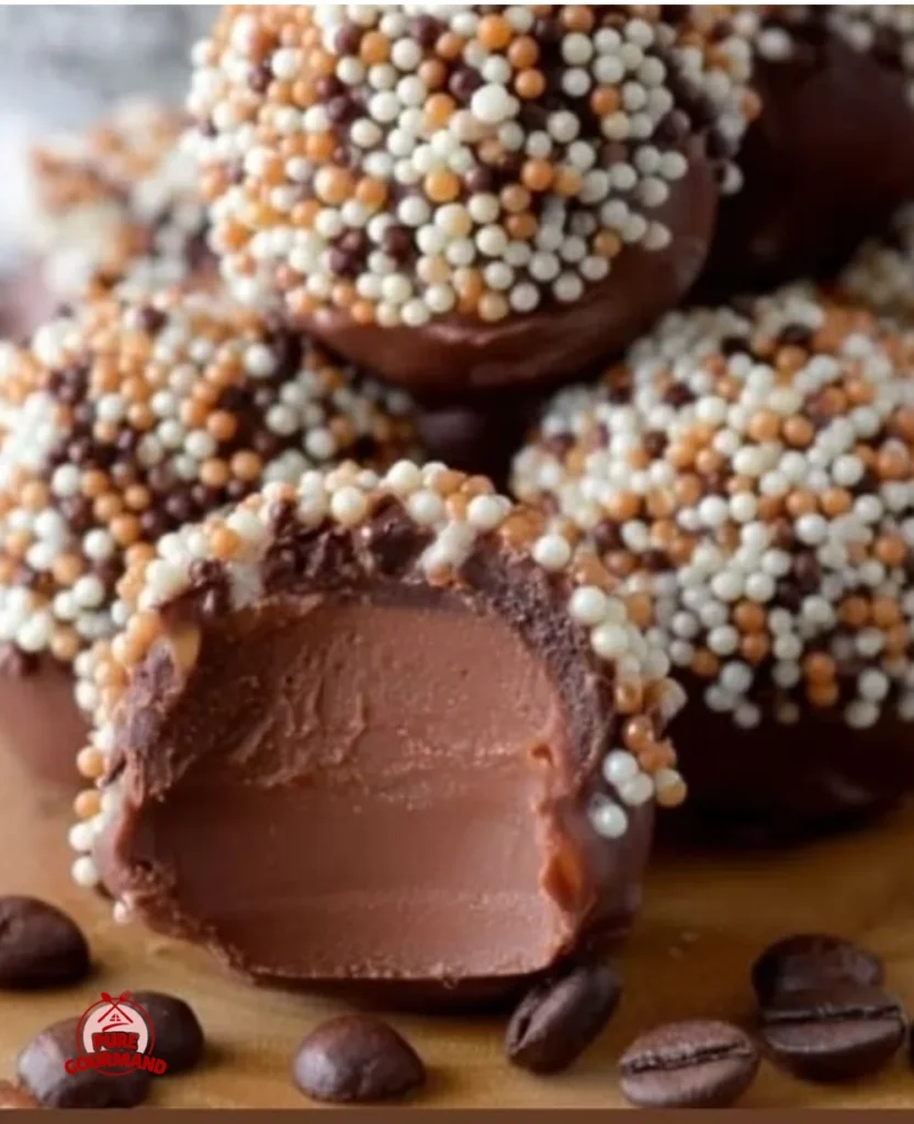 Delicious cozy coffee-toffee truffles arranged on a decorative plate.