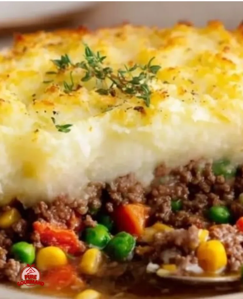 Delicious Shepherd's Pie topped with creamy mashed potatoes and savory filling.