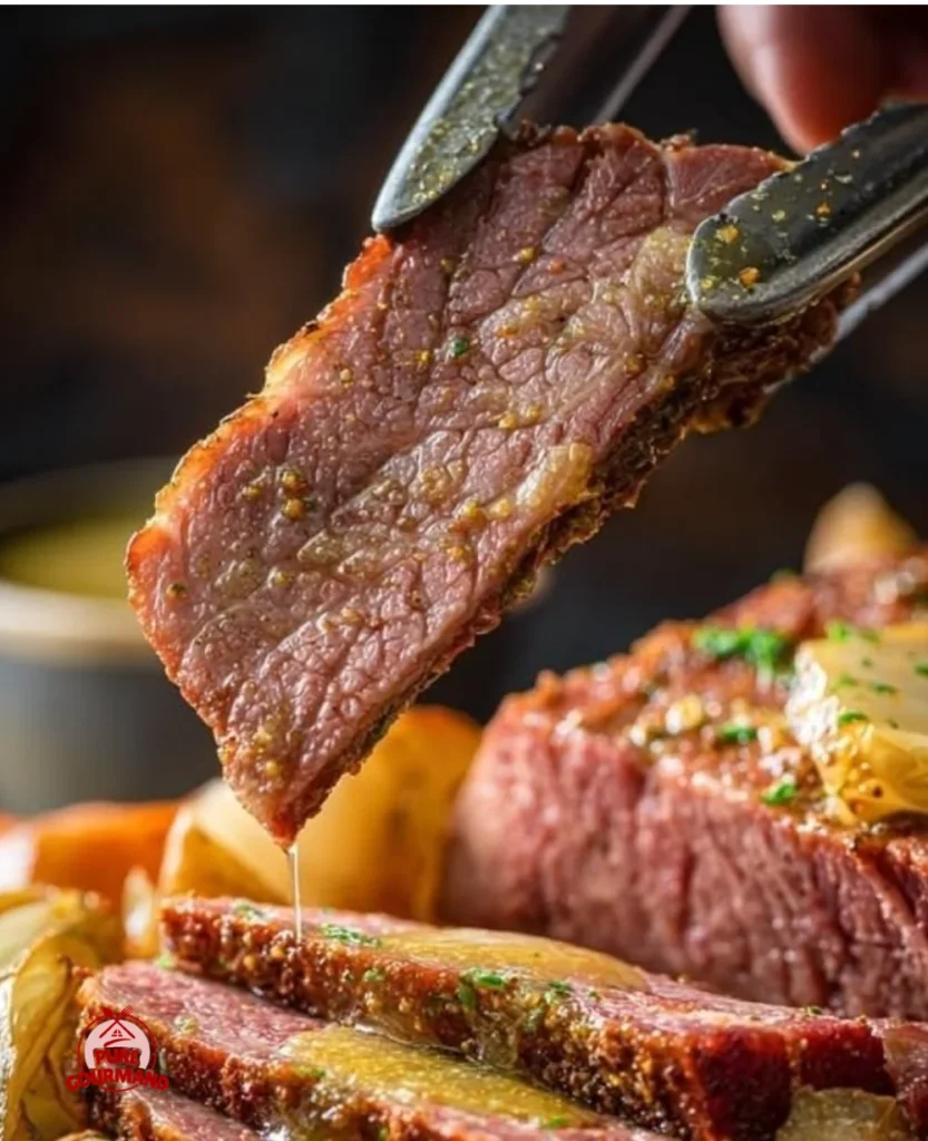 Cozy oven corned beef and cabbage dish served for a hearty dinner meal.