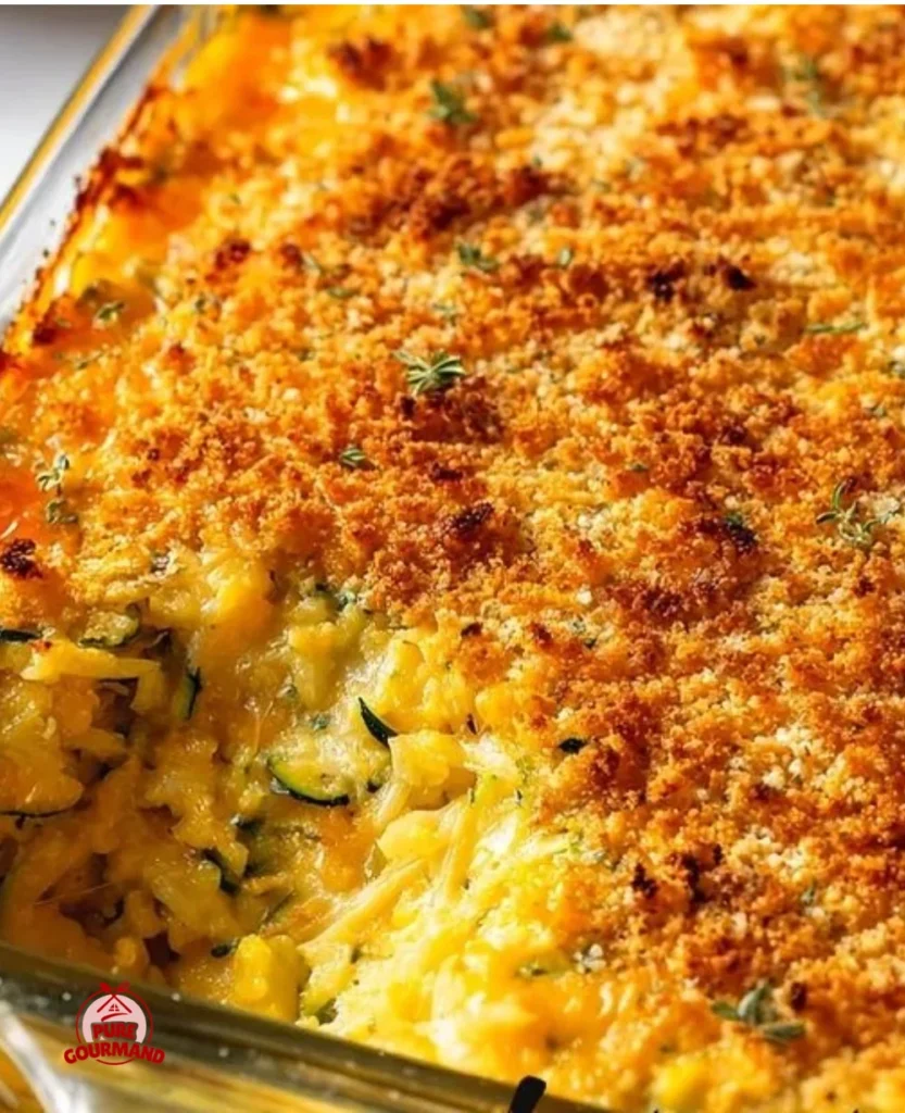 Homemade shredded zucchini casserole served in a cozy dish.