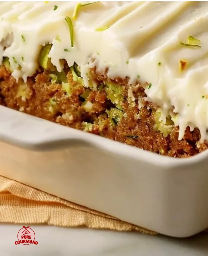 Cream cheese frosted zucchini cake slice on a plate, showcasing its moist texture