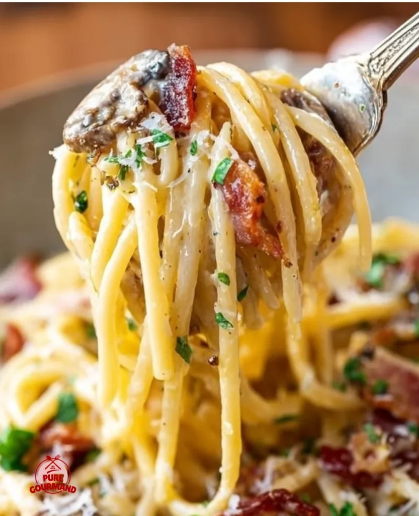 Creamy bacon mushroom pasta dish topped with herbs and parmesan cheese