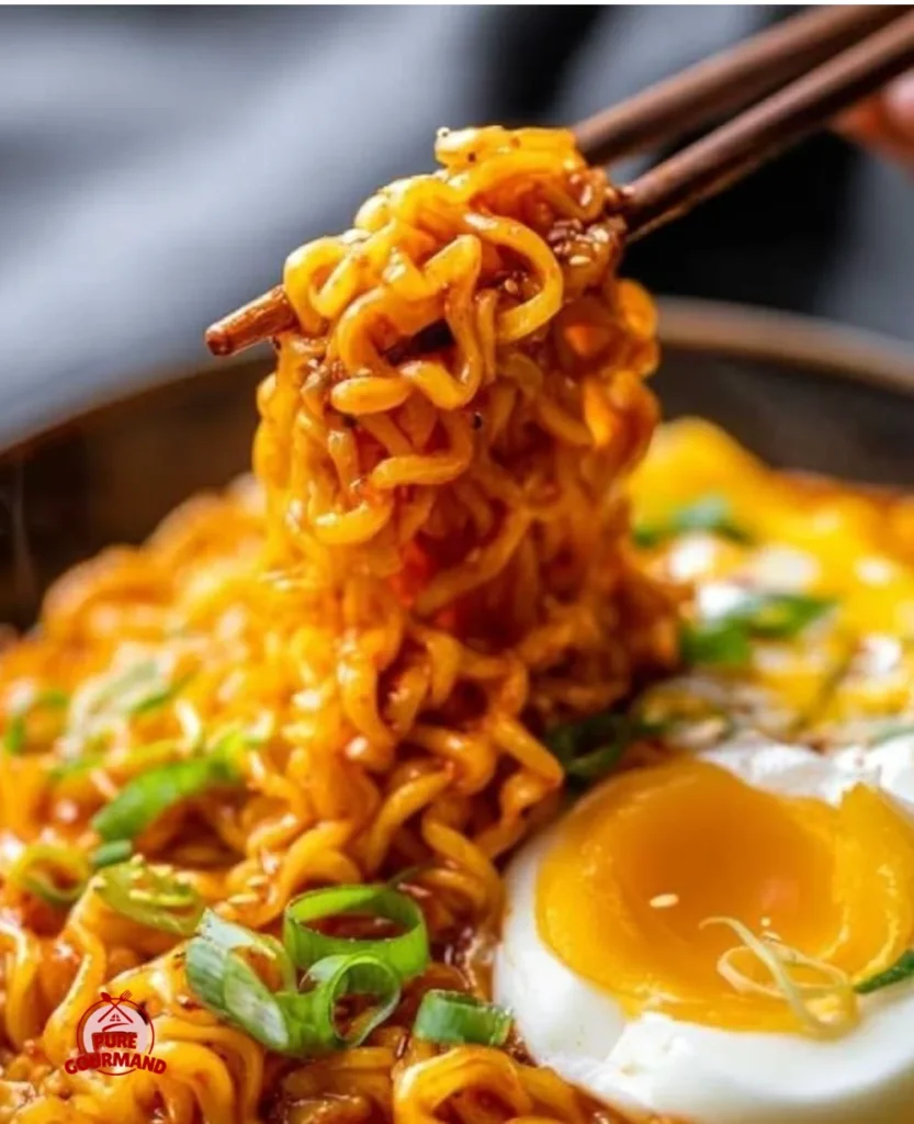 Creamy Buldak Cheese Ramen served in a bowl with spicy sauce and cheese