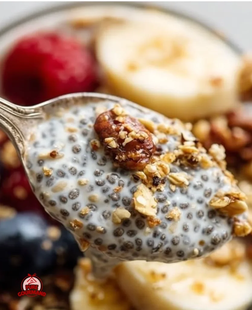Delicious creamy chia seed pudding topped with fresh fruit and nuts