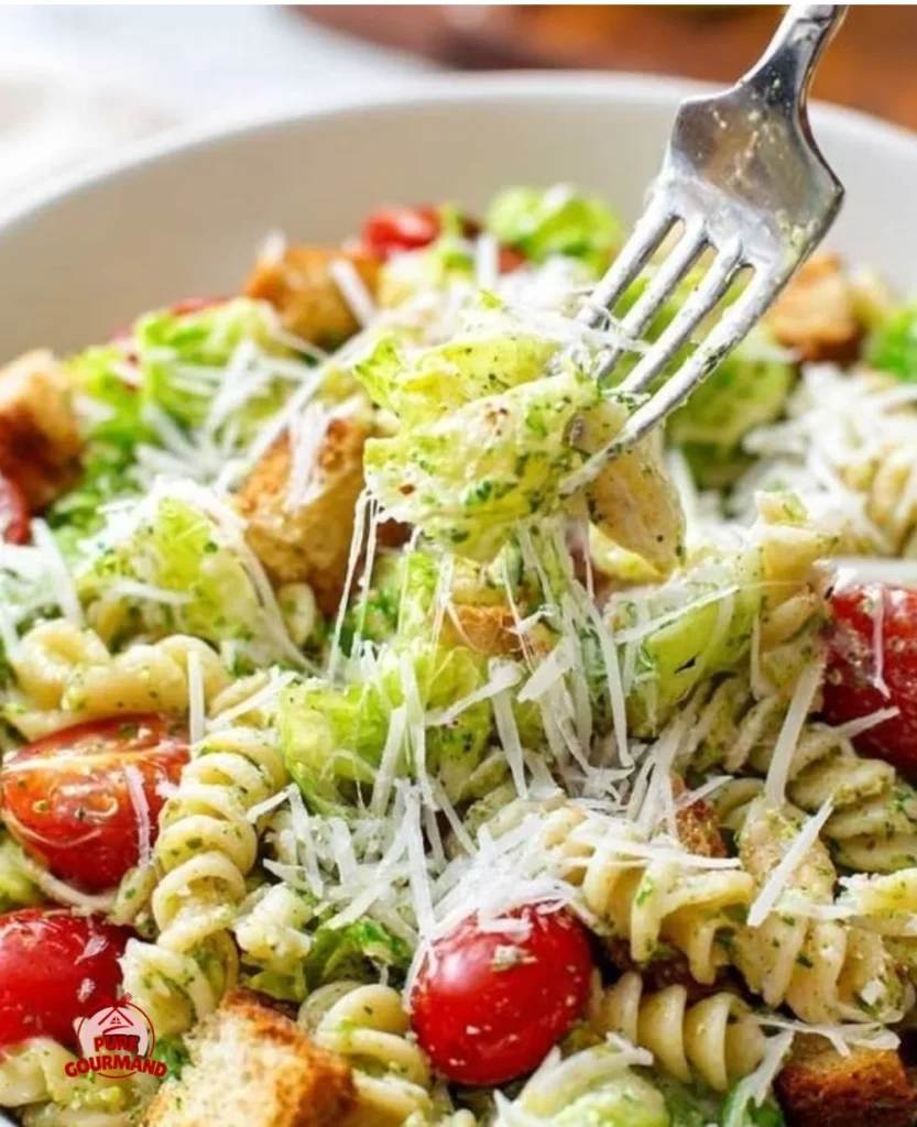 Creamy Pasta Caesar Salad served in a bowl with fresh ingredients
