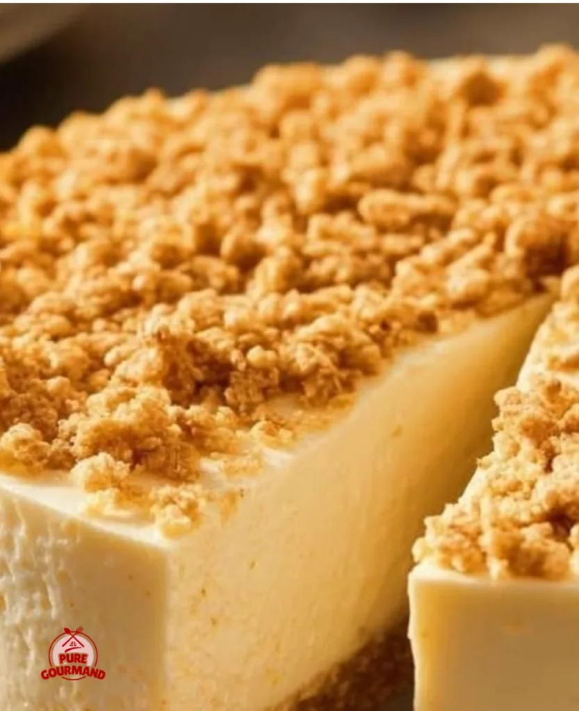 No-bake creamy Rice Krispie cheesecake with a crunchy crust on a white plate.